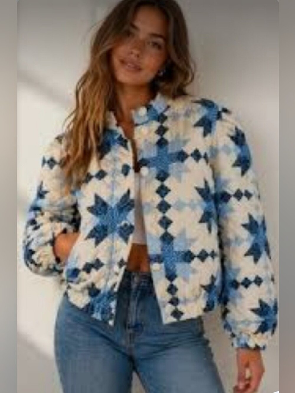 House Of Harlow Quilted Star-Print Jacket- Blue & Cream